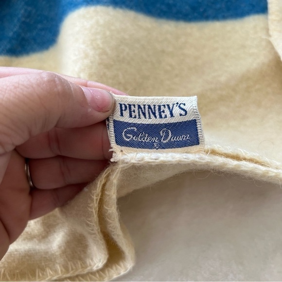 VINTAGE JcPenney 50s Golden Dawn WOOL Blanket Thick 3 Stripe Point Candy Stripe - Picture 2 of 7